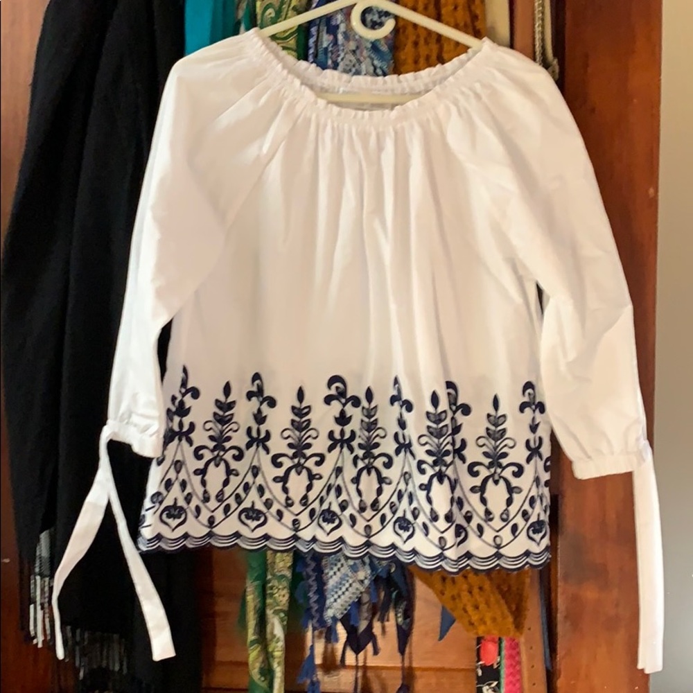 White with navy embroidery shirt